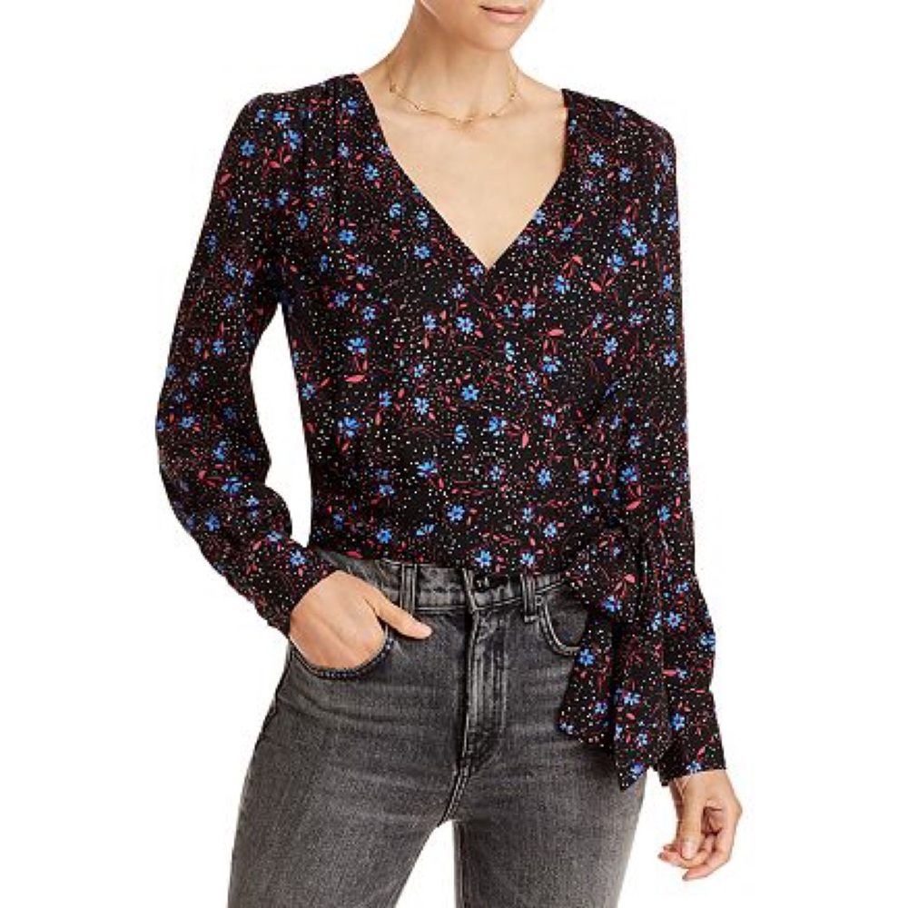 Aqua NWT Bloomingdale's Floral Dot Long Sleeve Wrap & Side Tie Front Top New